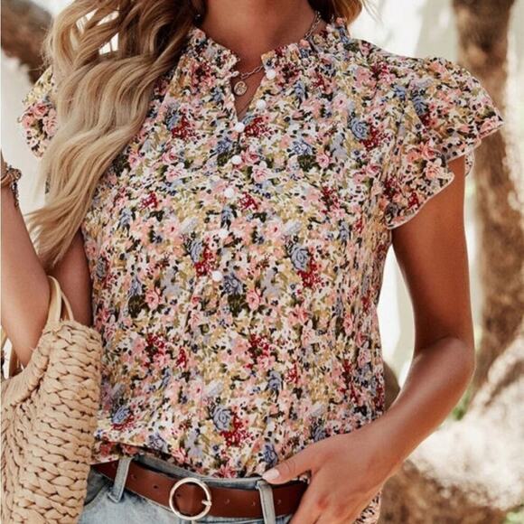 Tops - *NEW* Boho Floral Ruffle Cap Sleeve Top | Size XL